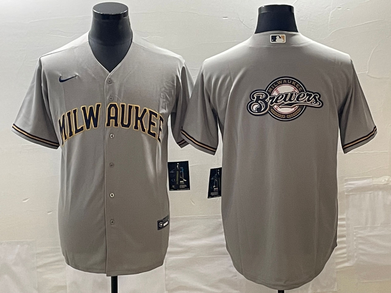 Men's Milwaukee Brewers Gray Team Big Logo Cool Base Stitched Jersey Men's Milwaukee Brewers Gray Team Big Logo Cool Base Stitched Jersey